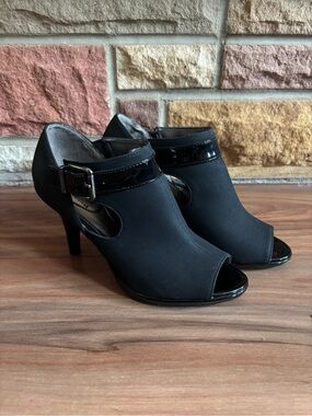 Life Stride Black Open-Toe Heeled Booties with Buckle Strap